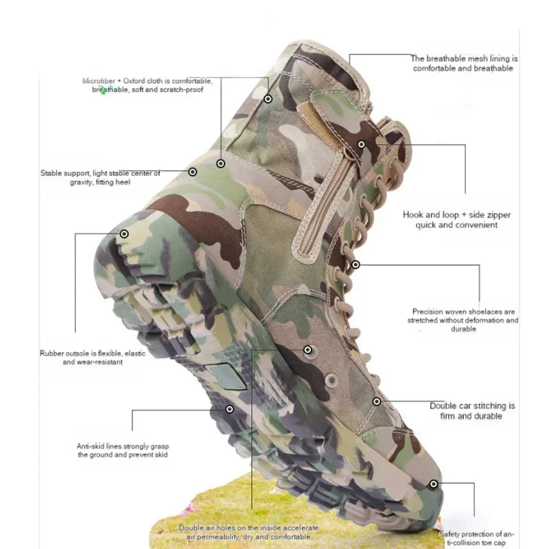 Bottes imperméables pour homme à lacets, bottines d’extérieur respirantes en toile camouflage, chaussures tactiques de combat pour le désert D139