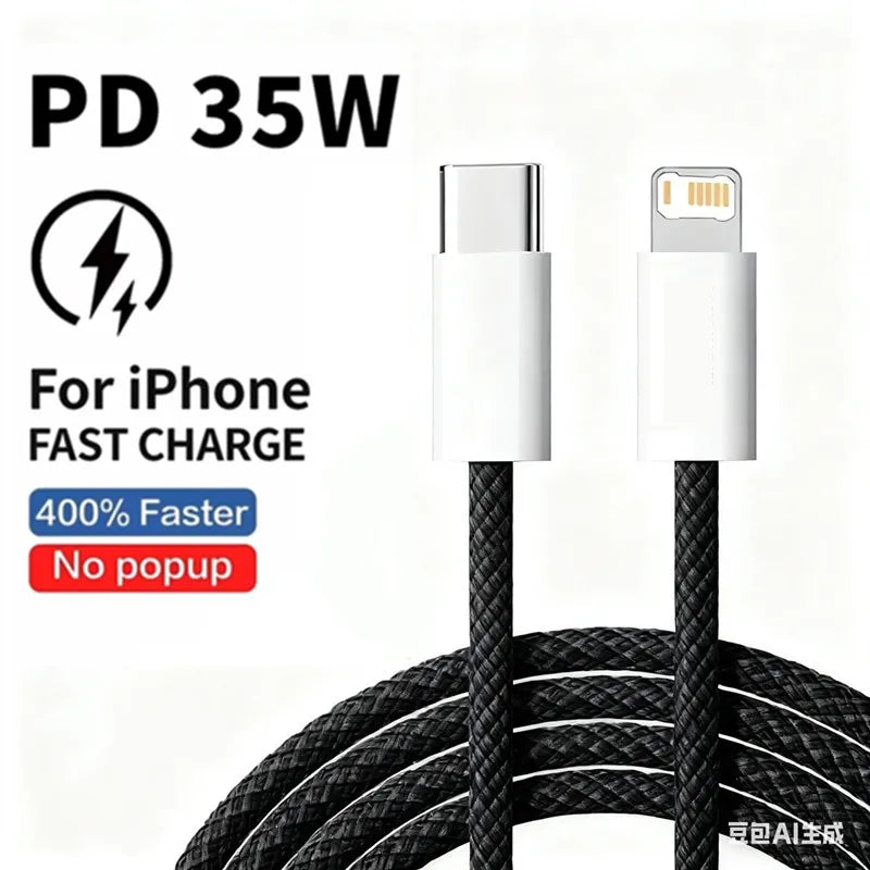 Cable trenzado PD de 1 m y 2 m, carga rápida de 35 W para iPhone 13, 14 Pro Max, 11, 12 mini, X, XR, XS Max, 7 y 8 Plus, cable USB-C para carga rápida y transferencia de datos