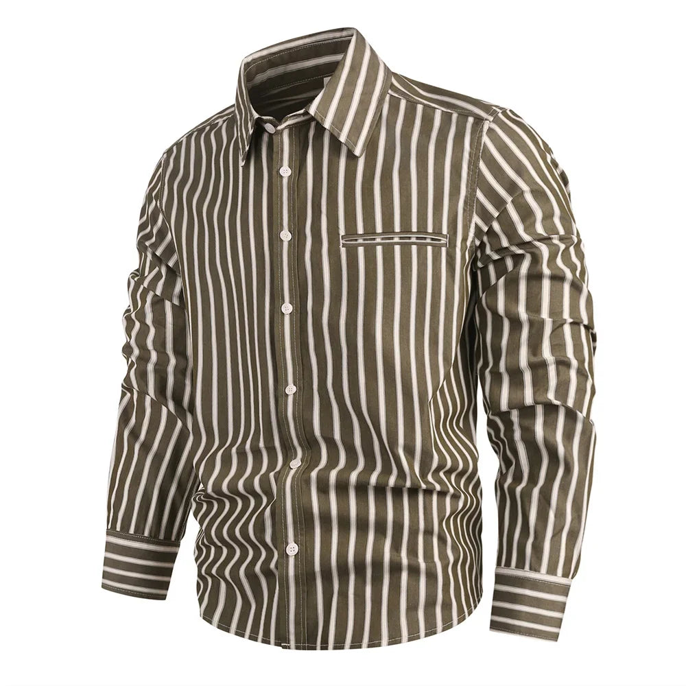 Autumn Men's Casual Business Striped Shirt Long Sleeve Lapel Collar Button Up Fashion Slim Fit Classic Tops Male Clothing