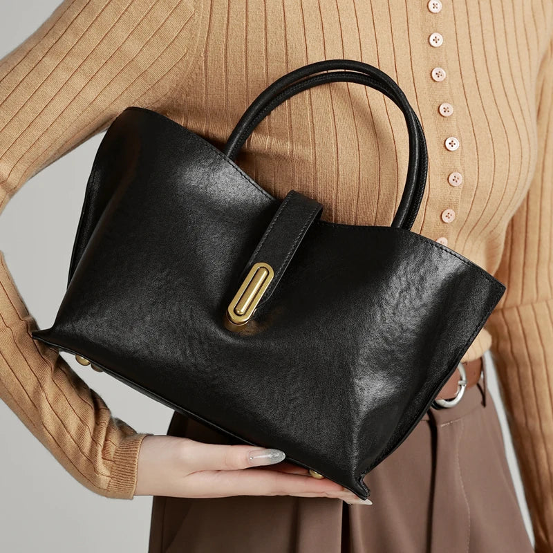 New Women's Genuine Cowhide Leather Large Capacity Top Handle Handbag Trapezoid Satchel Commute Ladies Elegant 2026 Tote Purse