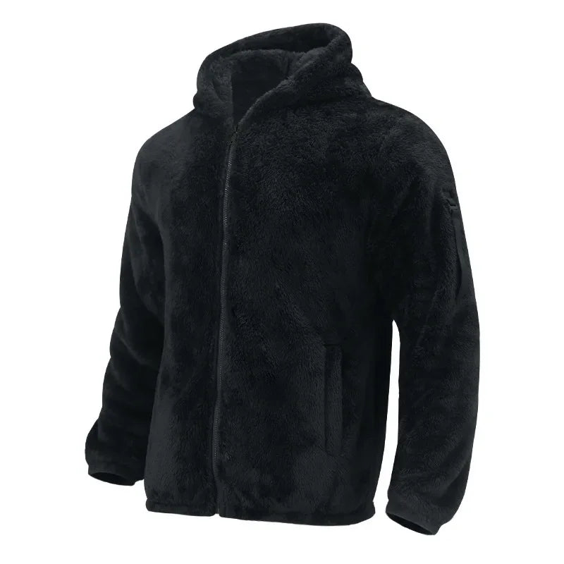 Men's Winter Velvet Fleece Zipper Jacket Casual Soft Skin Solid Warmth Streetwear Trendy Baggy Hooded Jacket Coats for Men