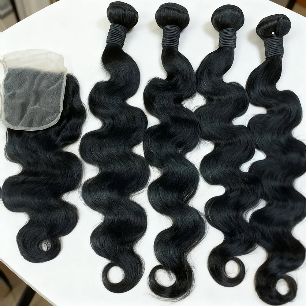 Extensions de cheveux humains Body Wave avec closure, tissage brésilien, 3 à 4 paquets avec closure en dentelle 4x4 ou 5x5, cheveux vierges, extensions de cheveux bruts