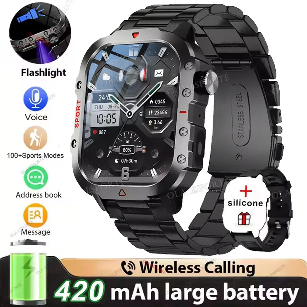 2026 New Military-grade Smart Watch Men GPS Flashlight 3ATM Waterproof Watch Bluetooth Call 100+Sport Outdoor Smartwatch Pk HT30