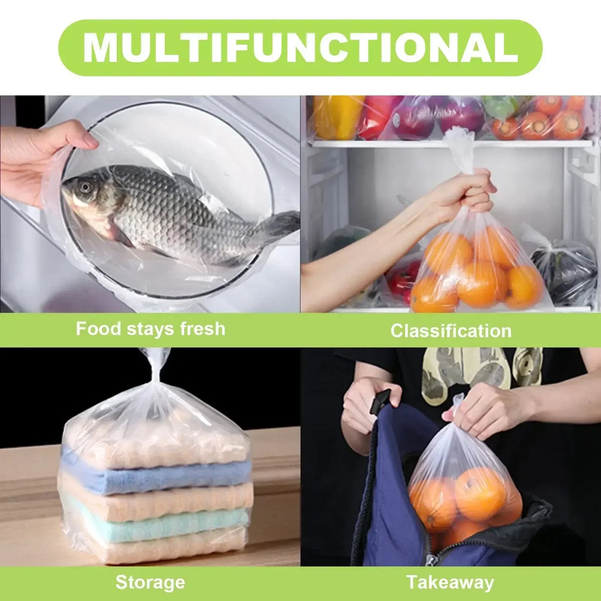 Sacchetti di plastica monouso per alimenti, buste trasparenti adatte a microonde e congelatore per conservare frutta, verdura e pane, organizer per la cucina