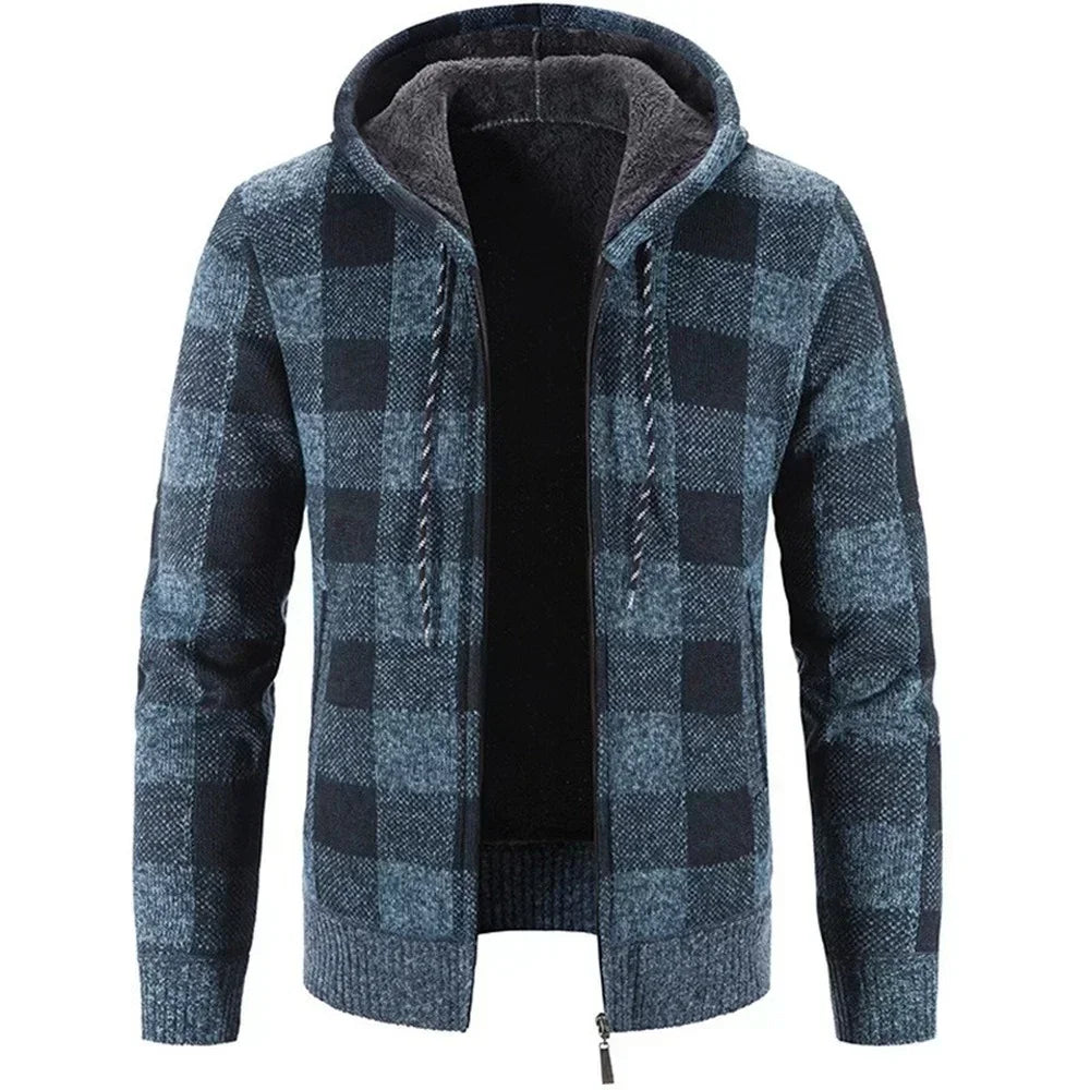 Men's Autumn Winter New Hooded Plaid Printed Long Sleeve Sweater Casual Zipper Cardigan Coat Plush Large FleeceThick Coat