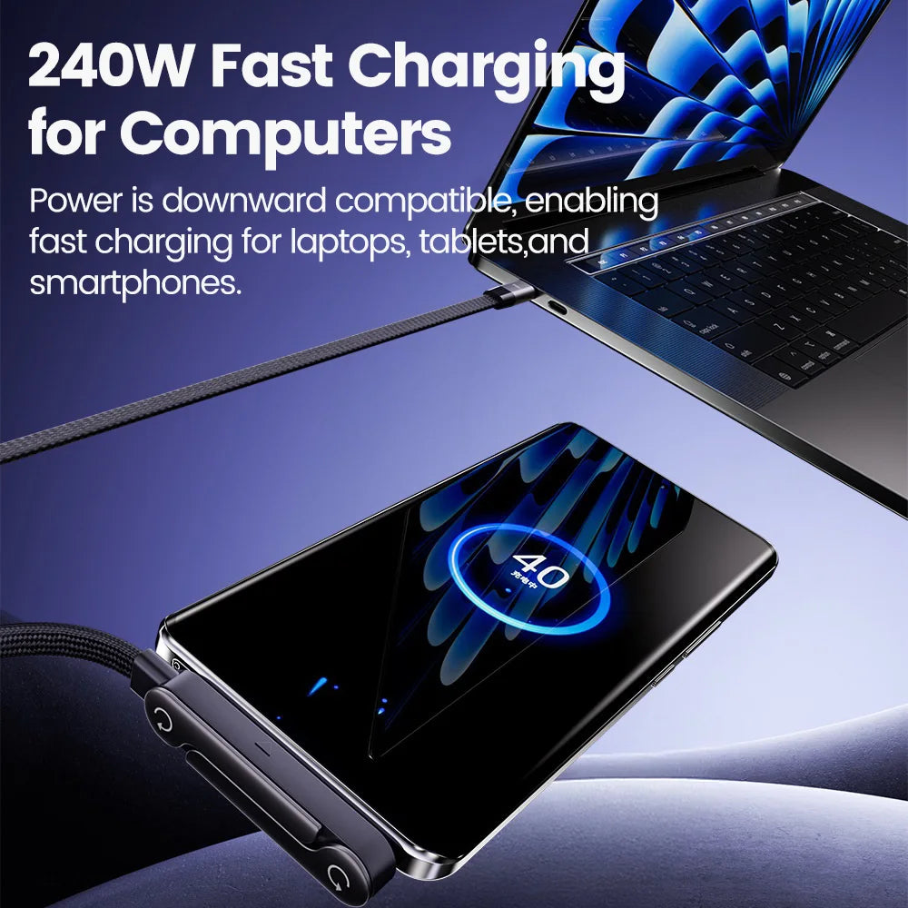 240W 2-in-1 Type-C to USB-C Fast Charging Data Cable with Foldable Phone Holder, Type-C Fast Charging Cable for iPhone 17, Black/Orange