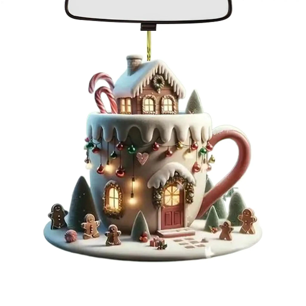 Christmas Decor Coffee Cup Ornaments 2D Acrylic Flat Christmas Snow Houses Chocolate Mug Pendant Christmas Tree Pendant