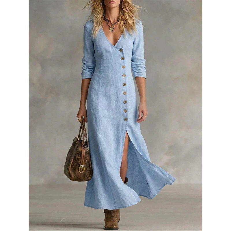 Abito midi con scollo a V e bottoni