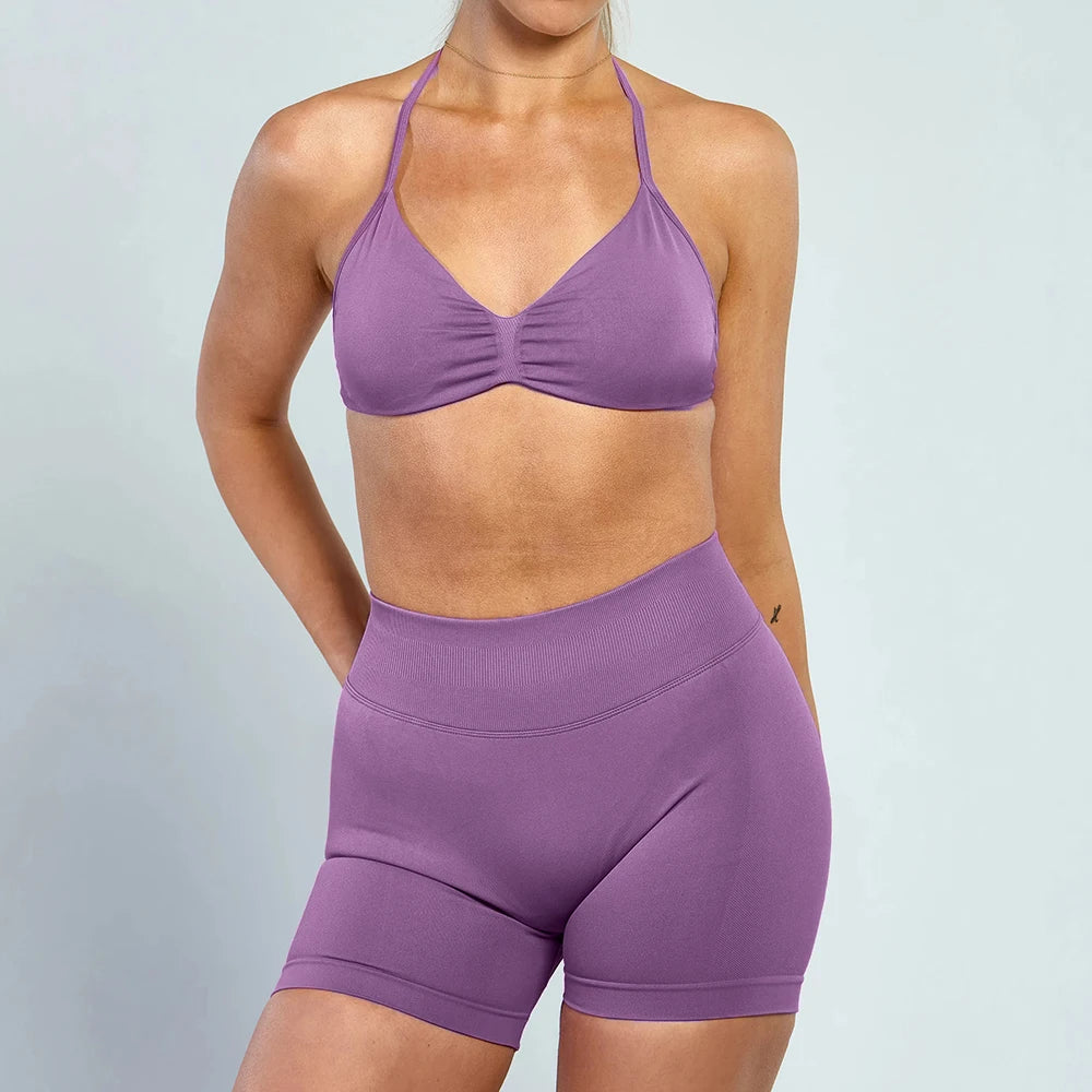 2PCS DF Gym Set Women Strappy Yoga Bra Top Sportswear Workout Scrunch Shorts Sports Suit Seamless Set Fitness Clothes