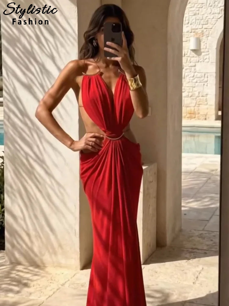 Abito lungo da donna senza maniche con scollo a V