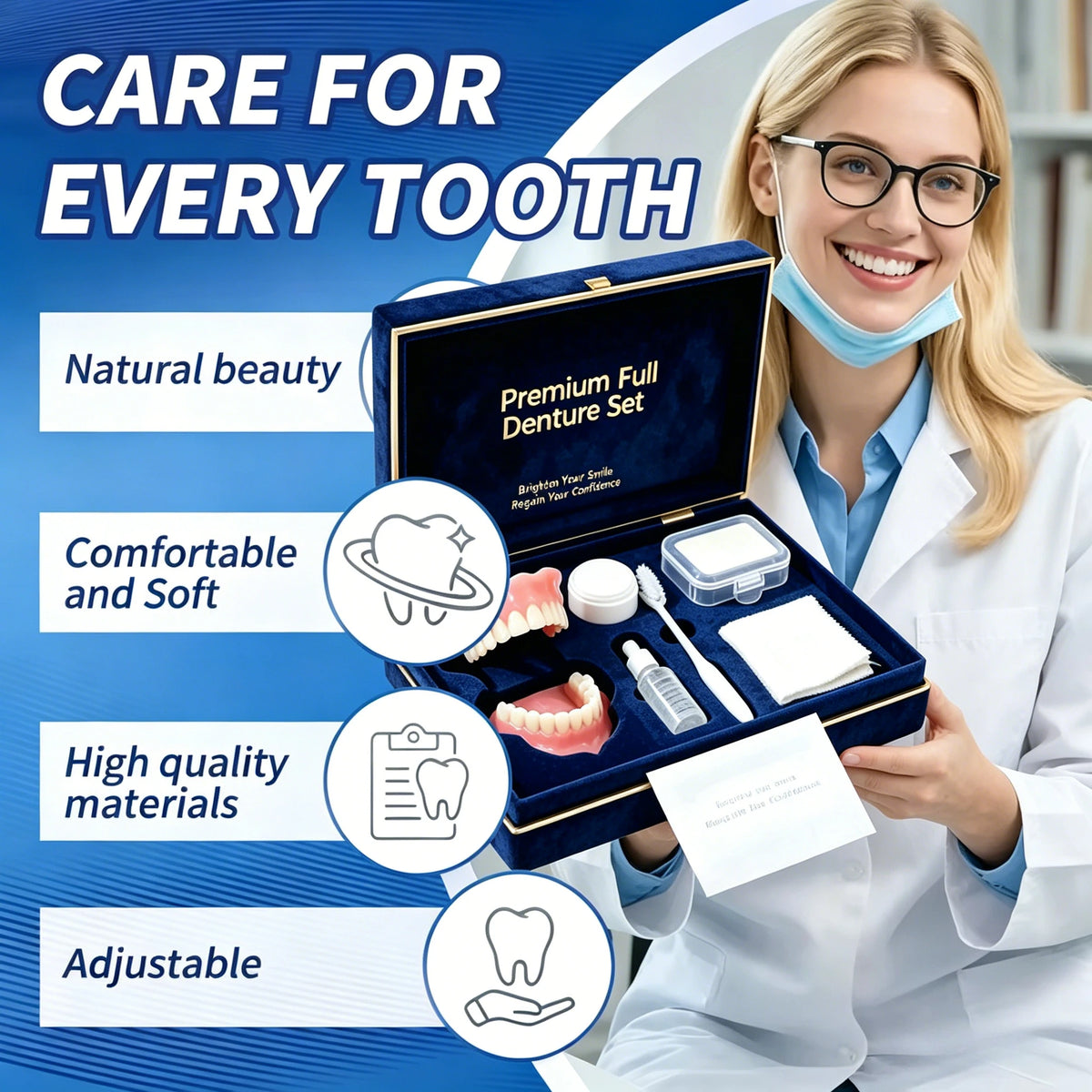 Ensemble de prothèses dentaires complètes tout-en-un, kit de dents artificielles supérieures et inférieures en silicone confortable avec coffret cadeau et accessoires complets de nettoyage et de soins dentaires