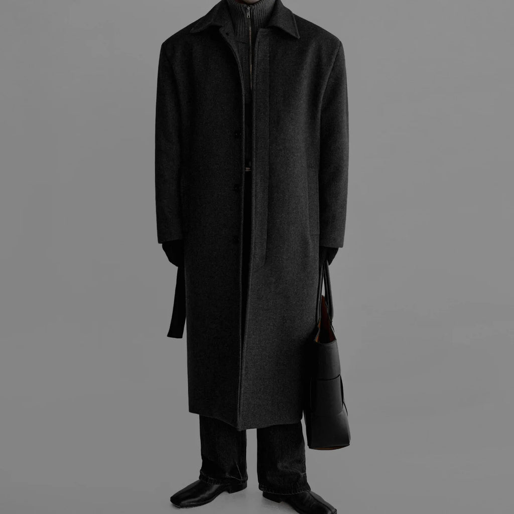 IEFB High-end Fashion Warm Solid Color Men's Wool Coat Turn Down Collar Long Sleeves Belt Tie Waist Coats Winter New Tide 9X2077