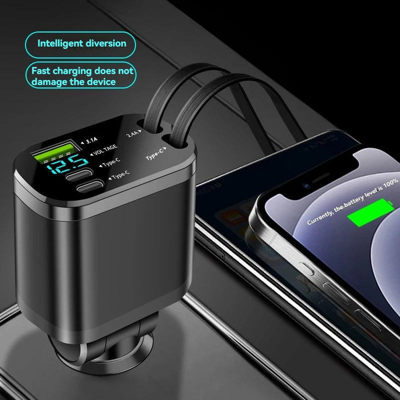 Chargeur voiture, chargeur voiture avec câble rétractable, chargeur voiture PD, recharge rapide voiture, recharge ultra-rapide, recharge flash, chargeur allume-cigare cinq en un