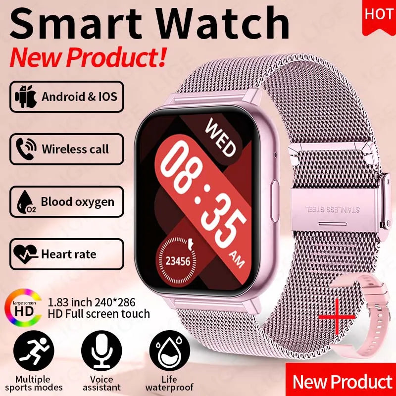 LIGE New 1.83"HD Smart Watch Women Men Health Monitoring Waterproof Bluetooth Call Multi-Sport Modes Smartwatch For Android ios