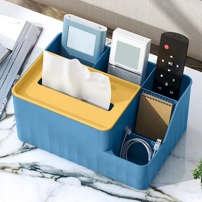 Organiseur de bureau à 6 compartiments - Boîte à mouchoirs multifonction avec porte-télécommande, rangement en plastique pour salon, cuisine et bureau
