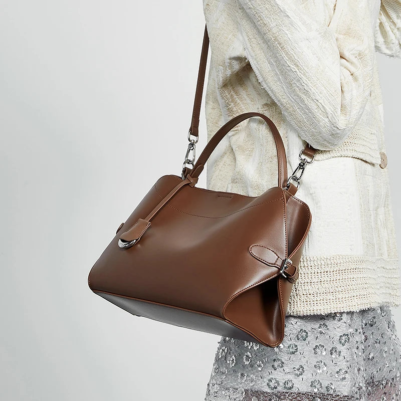 HIFASHION Medium Genuine Leather Shoulder Bag Women Elegant Top Handle Purses Daily Commuter Crossbody Luxury Ladies Handbags