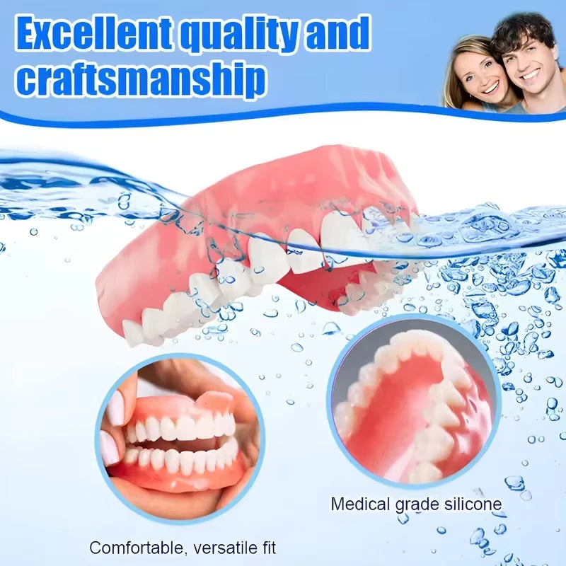 Juego completo de prótesis dentales todo en uno, kit de dentadura postiza de silicona cómoda superior e inferior con caja de regalo y herramientas completas de limpieza para el cuidado dental