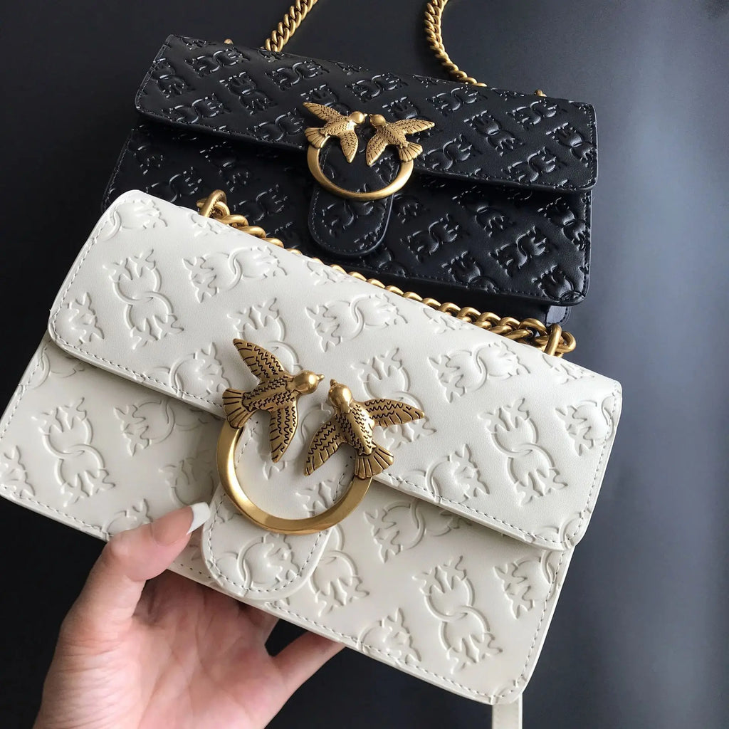 New Pinko-Inspired Genuine Leather Embossed Swallow Bag, Fashion Chain Armpit Bag, Luxury All-Match Shoulder Crossbody Bag