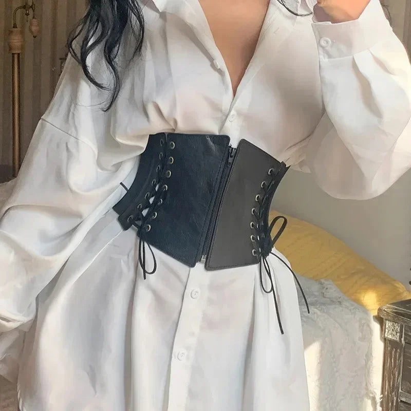 Modischer Punk-Korsett-Weitgürtel für Damen, schlankmachender elastischer Bustier-Taillengürtel aus PU-Leder, Hip-Hop-Gothic-Kleid-Korsettgürtel mit Trägern