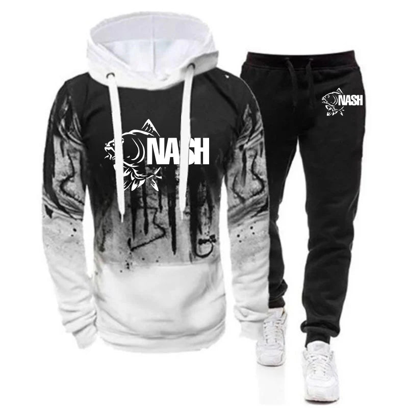 Funny Fishinger Carp Fish Fisherman Print 2025 Spring Autumn Men's New Harajuku Gradient Color Hooded + Pants Two Piece Suit