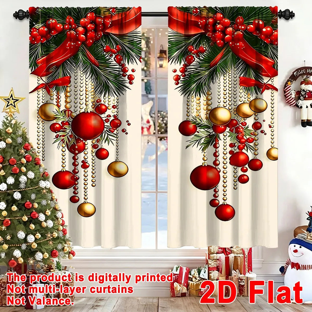 2pcs Festive Christmas Curtains, 60*150cm Polyester Curtains Xmas Baubles Ribbon Patterns Window Drapes for Home Holiday Decor