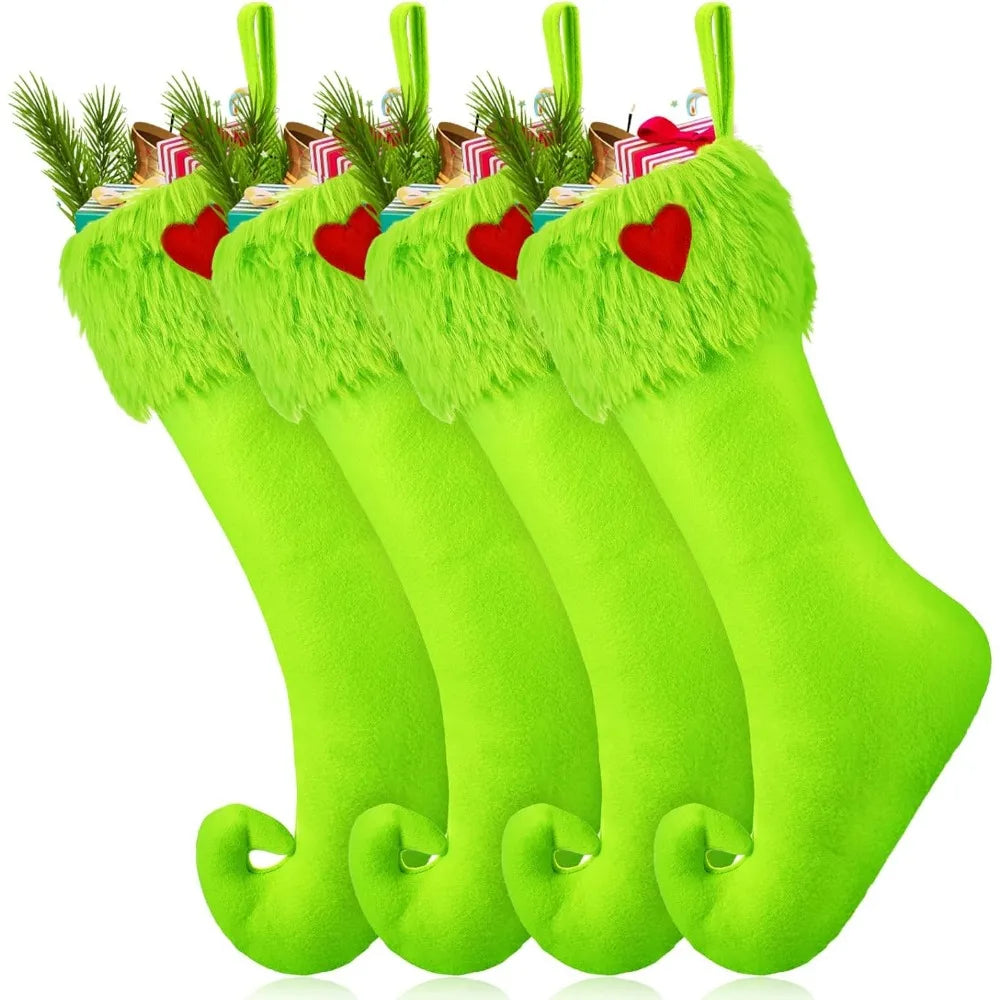 1/2/4Pcs Lime Green Elf Christmas Stockings, Faux Fur Red Heart Xmas Candy Treat Bag Fireplace Mantel Holiday Decor