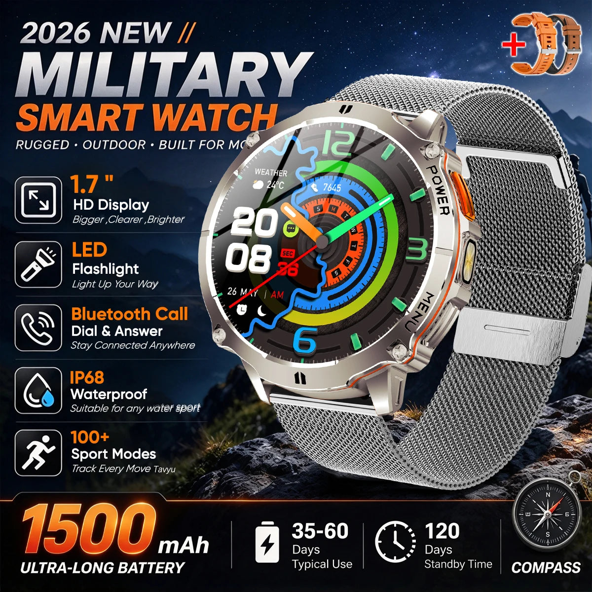 Military T-Rx6 Smartwatch,1.7'AMOLED Screen,150 Day Battery,IP68 Waterproof,Metal,120 Fitness Modes,Flashlight,For Men Women New