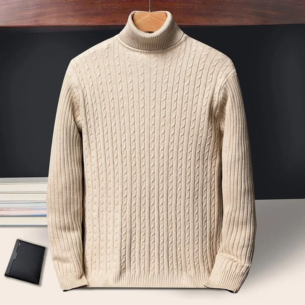 Autumn Winter New Men's Roll neck Sweaters Knitted Jacquard Pullover Warmth Long Sleeved Solid Color Classic Casual Clothing
