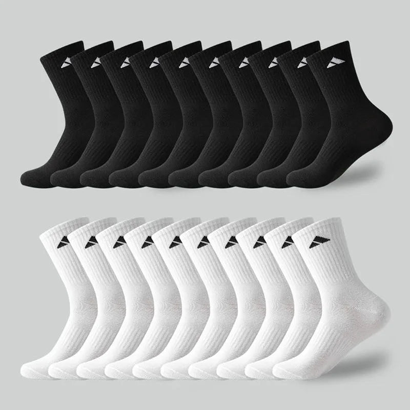 5/10/20 Pairs of Men's High-Waisted Solid-Color Unisex Sports Socks, Black and White, Breathable Mid-Calf Casual Socks for All Seasons, Men's Basketball Socks