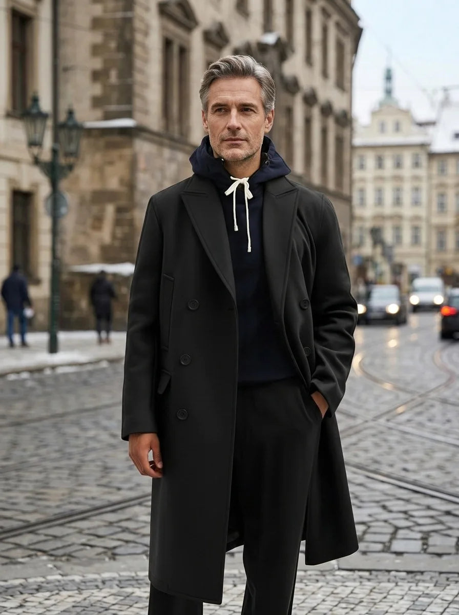 Men Wool Blends Overcoat Double Breasted Classic Lapel Long Trench Coat Formal Work Y2k Streetwear Casual Jacket Autumn Winter