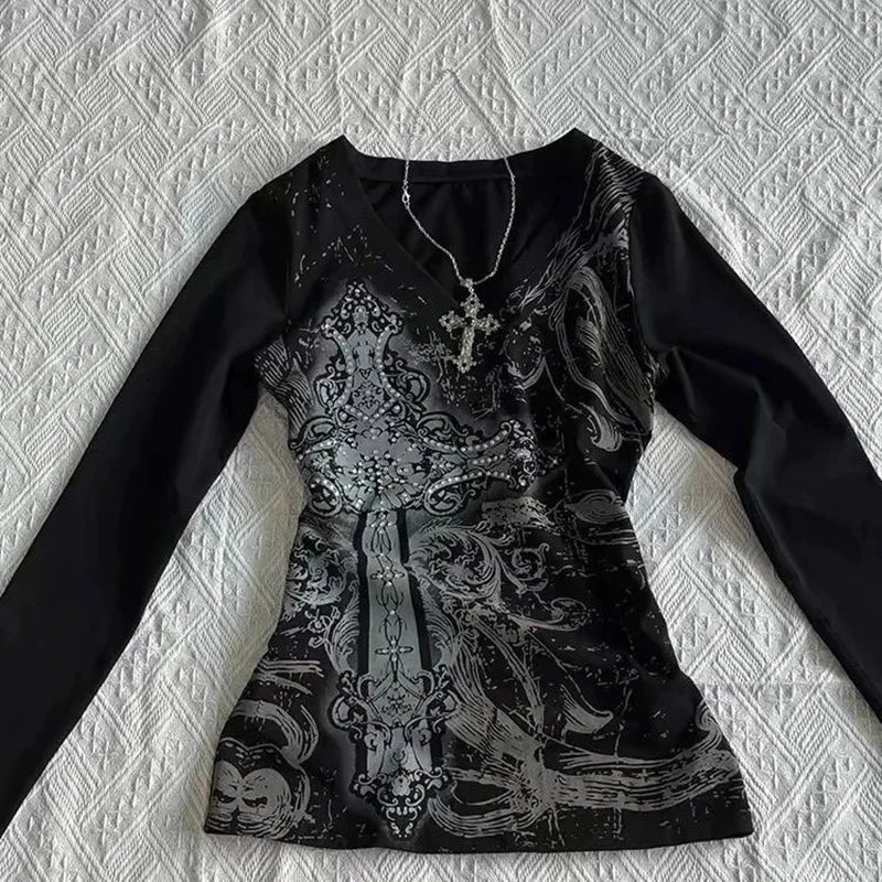 Damen-T-Shirt im 90er-Hip-Hop-Vintage-Punk-Stil, Herbst-Streetwear, sexy, kurzärmelig, Gothic, figurbetontes Croptop, Hotgirl, lässiges Femme-T-Shirt, Y2K