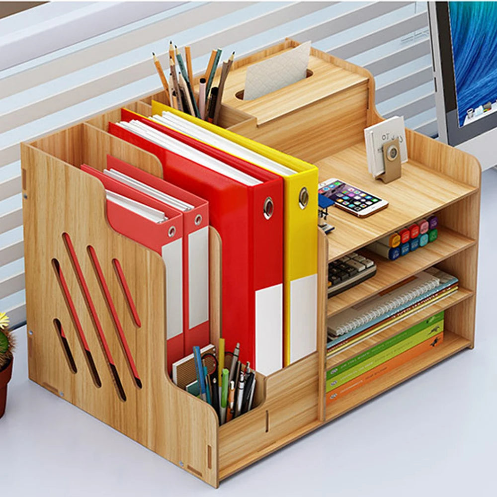 Wooden Desktop Organizer with Drawer and Compartments