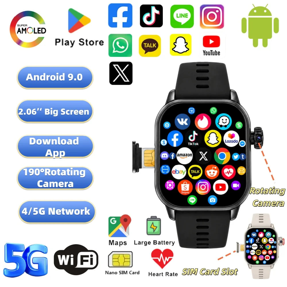 New S10 MAX Smart Watch 4/5G SIM Card 2.06''AMOLED Screen GPS WIFI 190°Rotating Camera Video Call Google Play Android Smartwatch