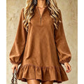 Women's A-line mini dress with V-neck and lantern sleeves