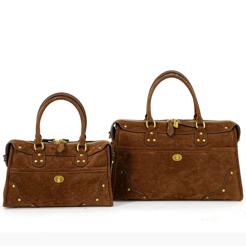Vintage Faux Suede Boston Bags For Women Luxury Designer Handbag And Purse 2026 New In Riveted Lock Top Handle Underarm Shoulder