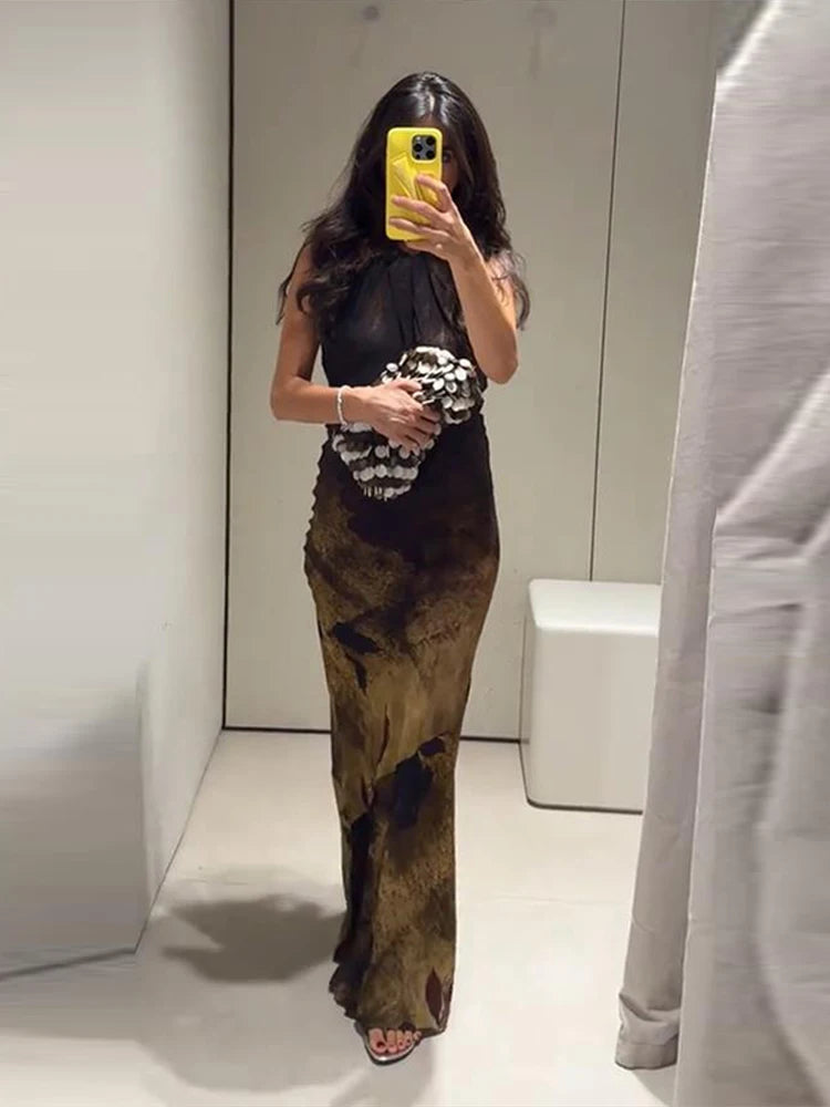 Langes Damen-Maxikleid mit Blumenmuster und V-Ausschnitt