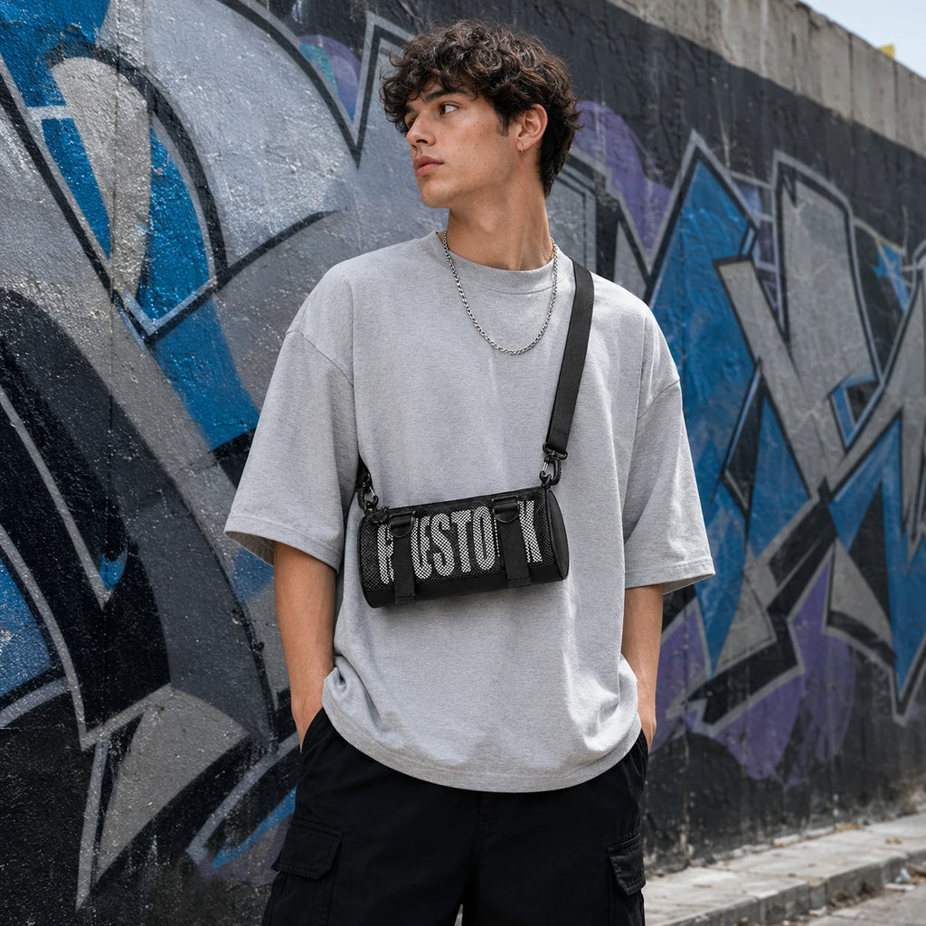 Streetwear Crossbody Bag Mini Barrel Shoulder Bag Lightweight Mesh Sling Pack for Men Women Hip Hop Gym Dance Travel Daily Use