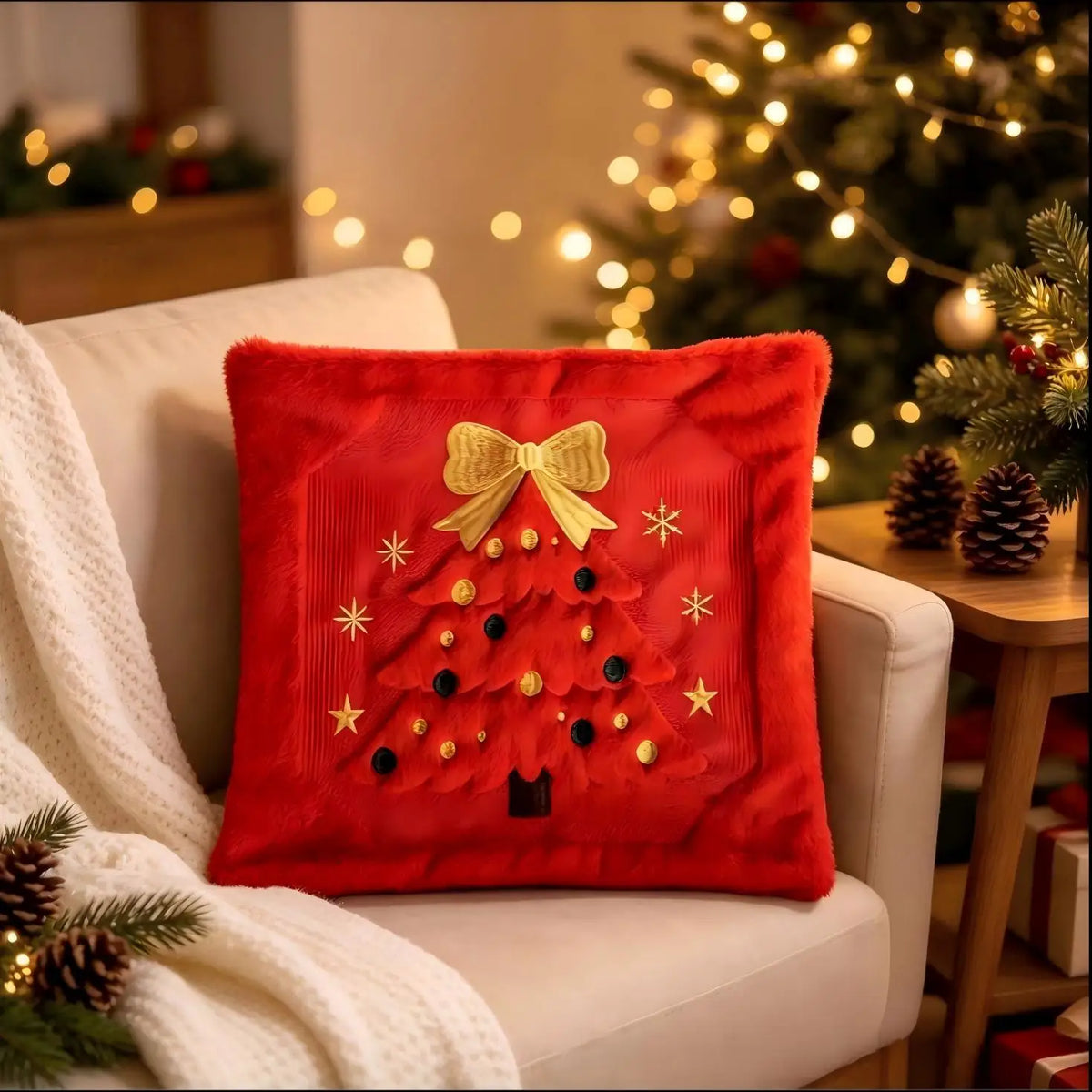3D Christmas Tree Throw Pillow Covers Faux Plush Embroidered Xmas Tree Pattern Cushion Covers Sofa Couch Home Decor