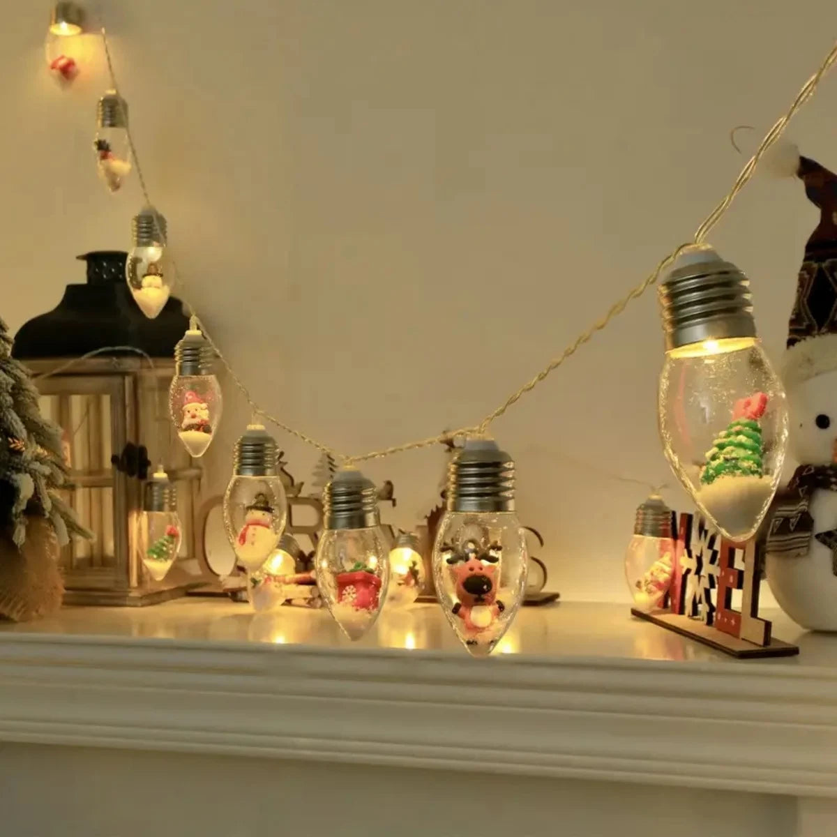 1pc 10/20LED Globe Bulbs String Light with Snow & Cute Ornaments Perfect For Home Patio Fireplace Christmas Xmas Tree Decoration