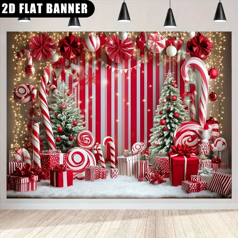 Christmas background, featuring elements of walking stick candy and gingerbread house, party decorations, Christmas decorations