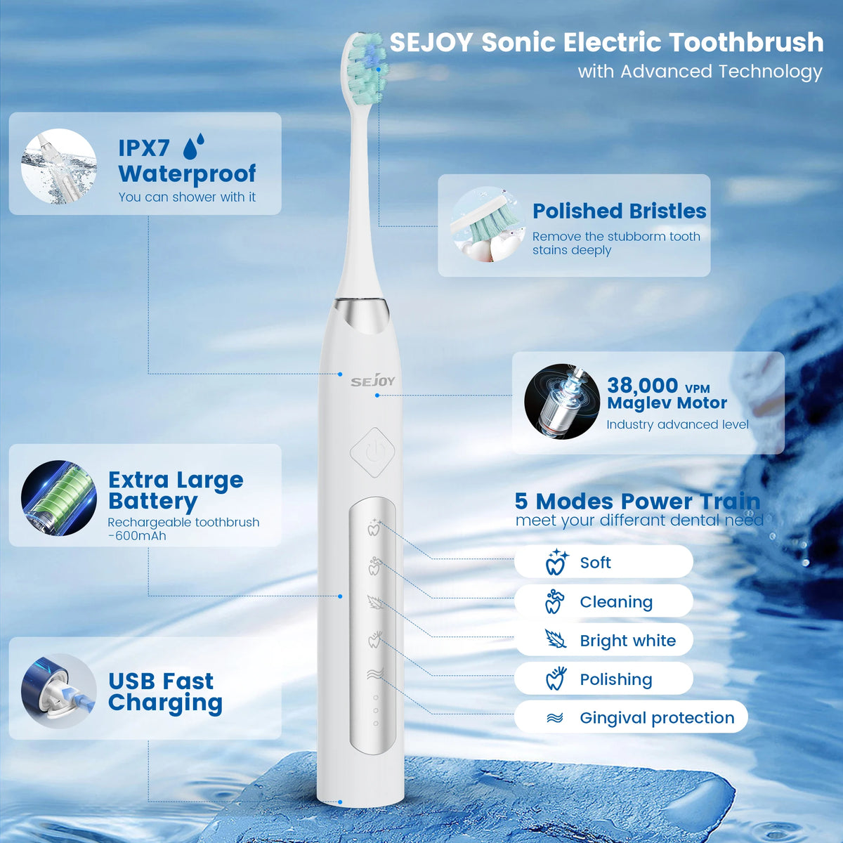 Sonic Electric Toothbrush for Adults Sonic Toothbrushes with 10 Toothbrush Heads (3 Types), 90 Days Battery Life, 5 Brushing Modes, Travel Case, 2 Minute Brushing Timer