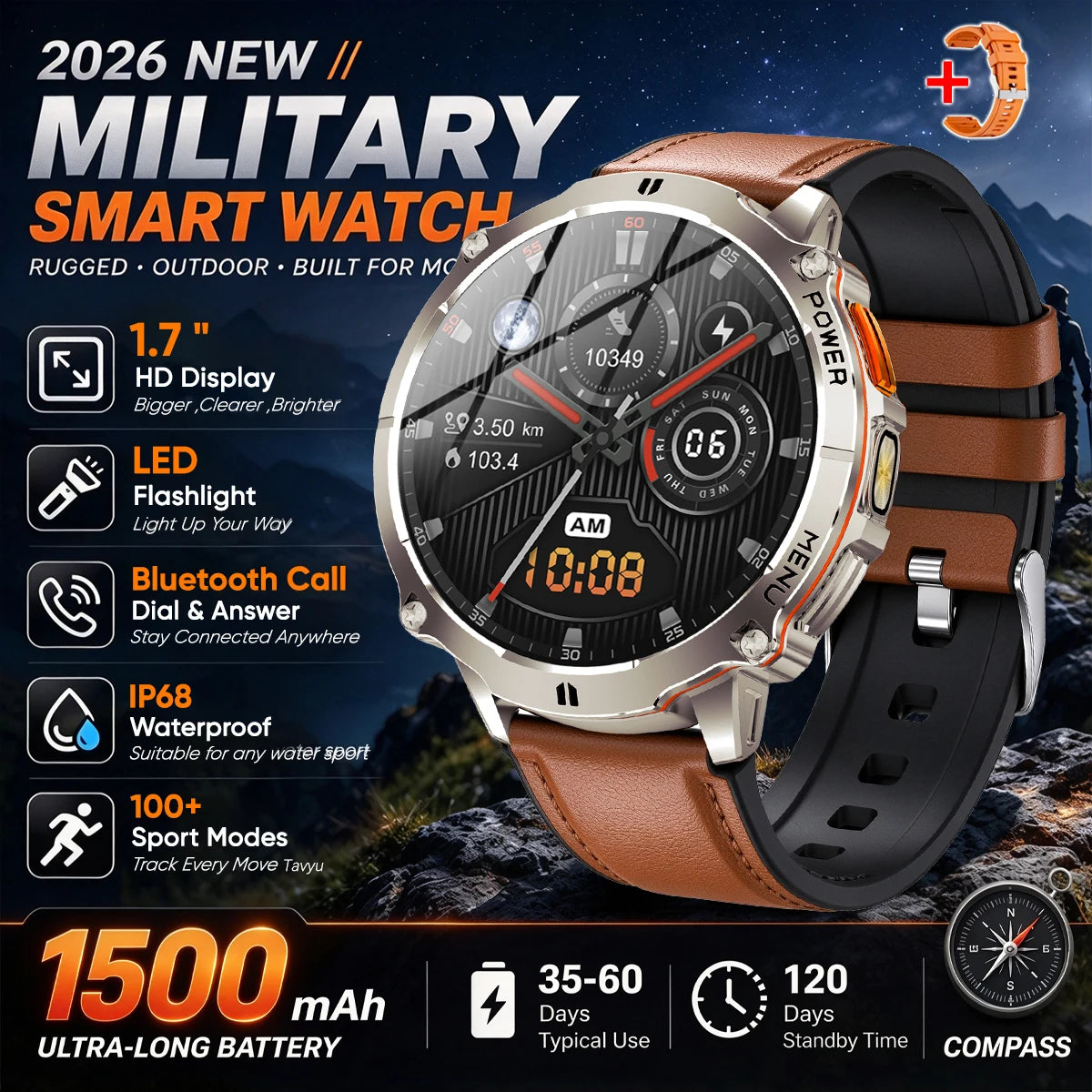 Military T-Rx6 Smartwatch,1.7'AMOLED Screen,150 Day Battery,IP68 Waterproof,Metal,120 Fitness Modes,Flashlight,For Men Women New