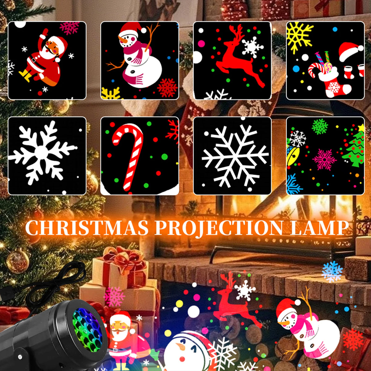 LED Christmas Projector Light 16 Patterns USB Dynamic Rotating Projection for Holiday Atmosphere Light Halloween Christmas Decor