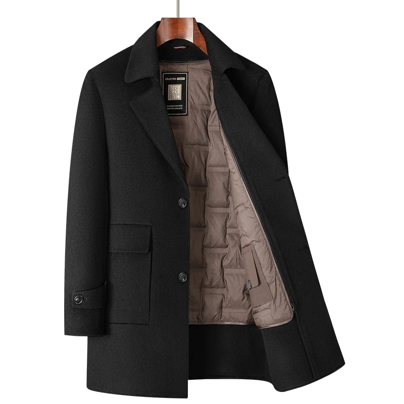 2025 Winter New Men's High End Wool Coat with 70% Wool Content, Down Inner Tank Thickened Warmth, Medium to Long Business Coat