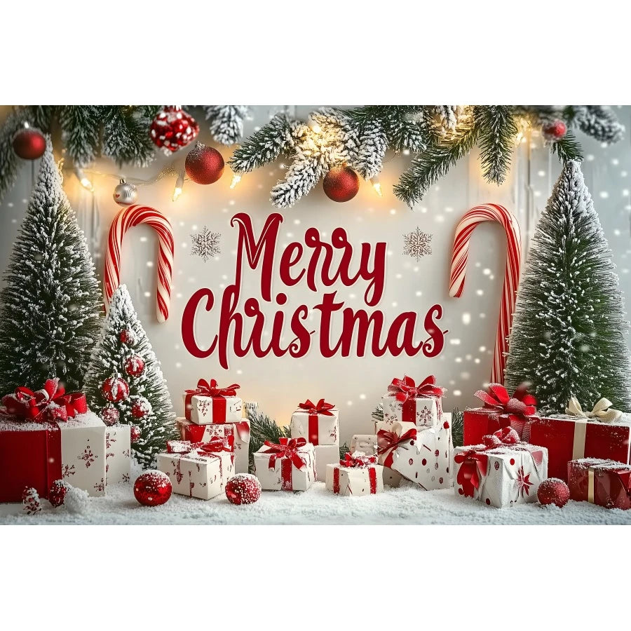 Candy Cane Arch Christmas Backdrop Snowy Forest Path Gift Boxes For Christmas Party Photo Booth Decoration Background Banner