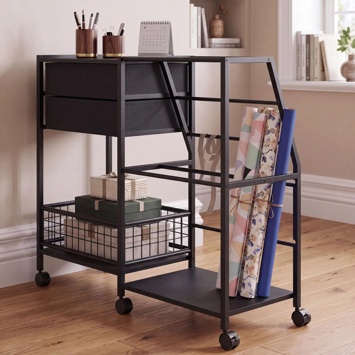 3-Tier Rolling Gift Wrap Organizer Cart with 2 Drawers Mobile Storage For Wrapping Paper Ribbons Gift Bags And Craft Supplies