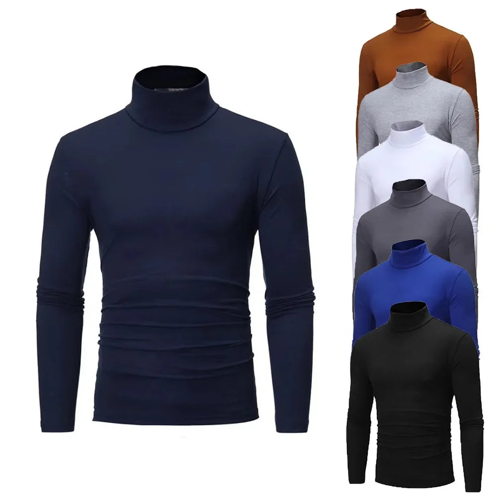 Autumn Spring Men's Bottoming Turtleneck Tops Slim Fit High Elastic Pullover Solid Color Stretchy Tees Basic Male Costume