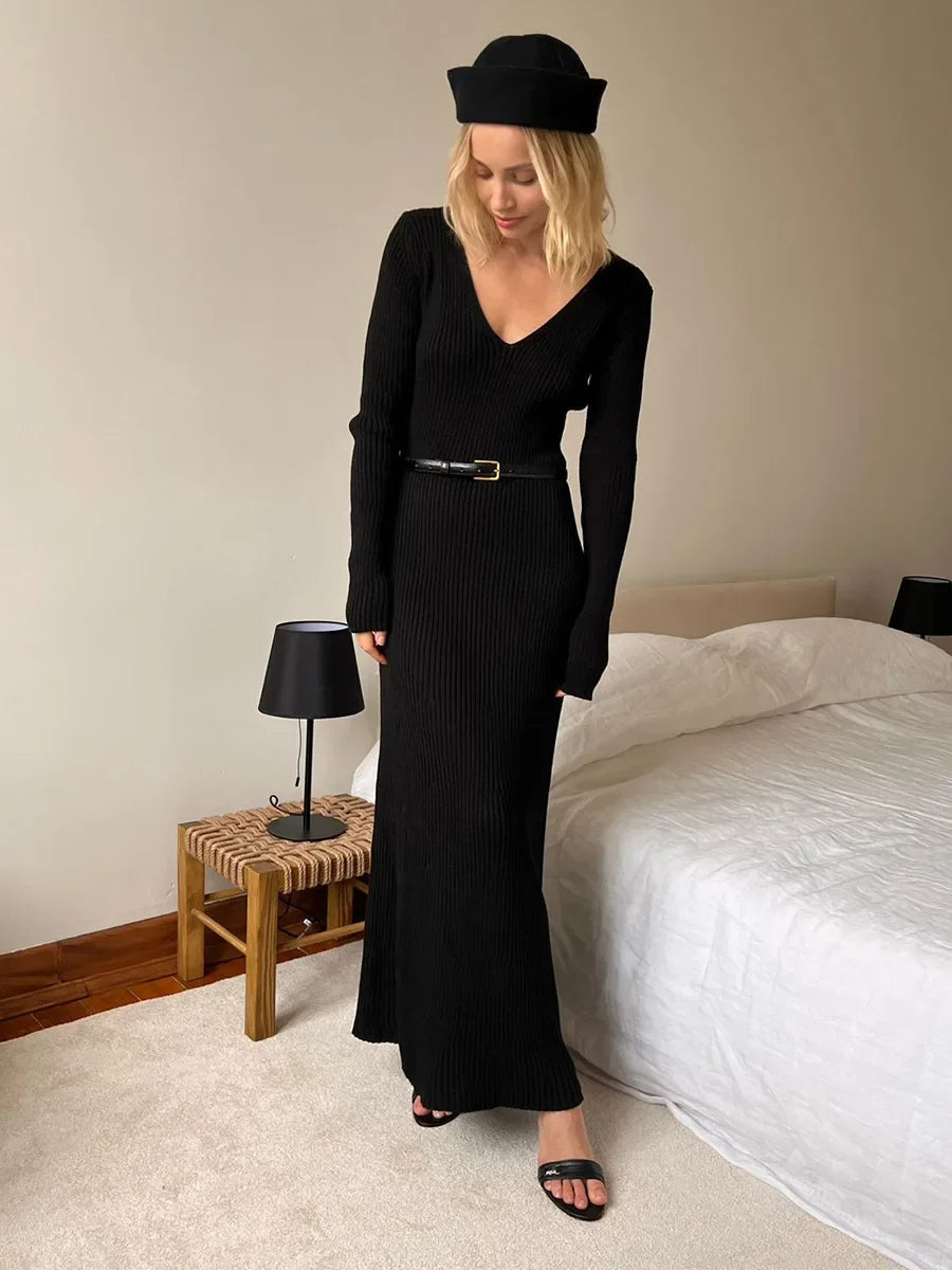 Wolfeel New Women Solid Color Long Sleeve V neck Slim Bodycon Knitted Maxi Dress Trendy Elegant Fashion Dresses  Autumn Winter