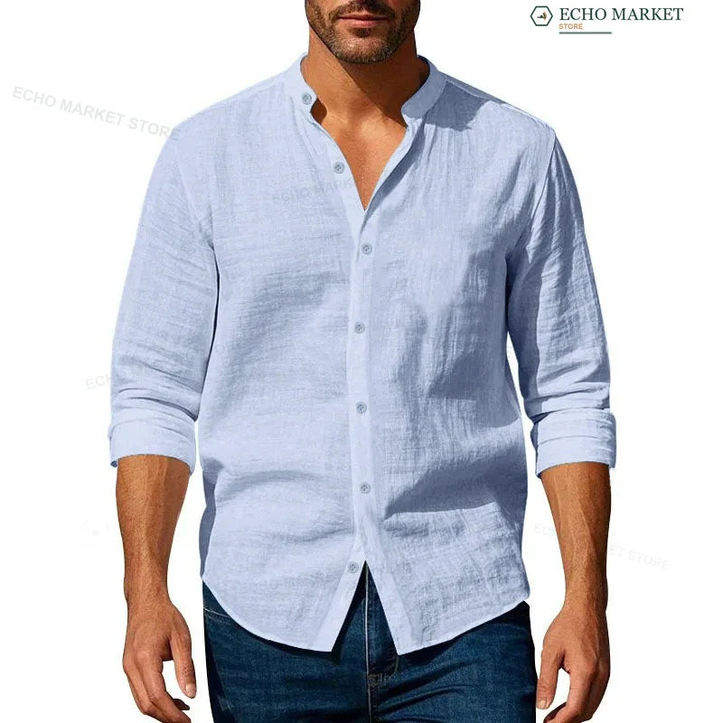 Lightweight Stand Casual Shirt, Men Long Sleeve Breathable Button Front Shirt for Daily & Holiday Wear