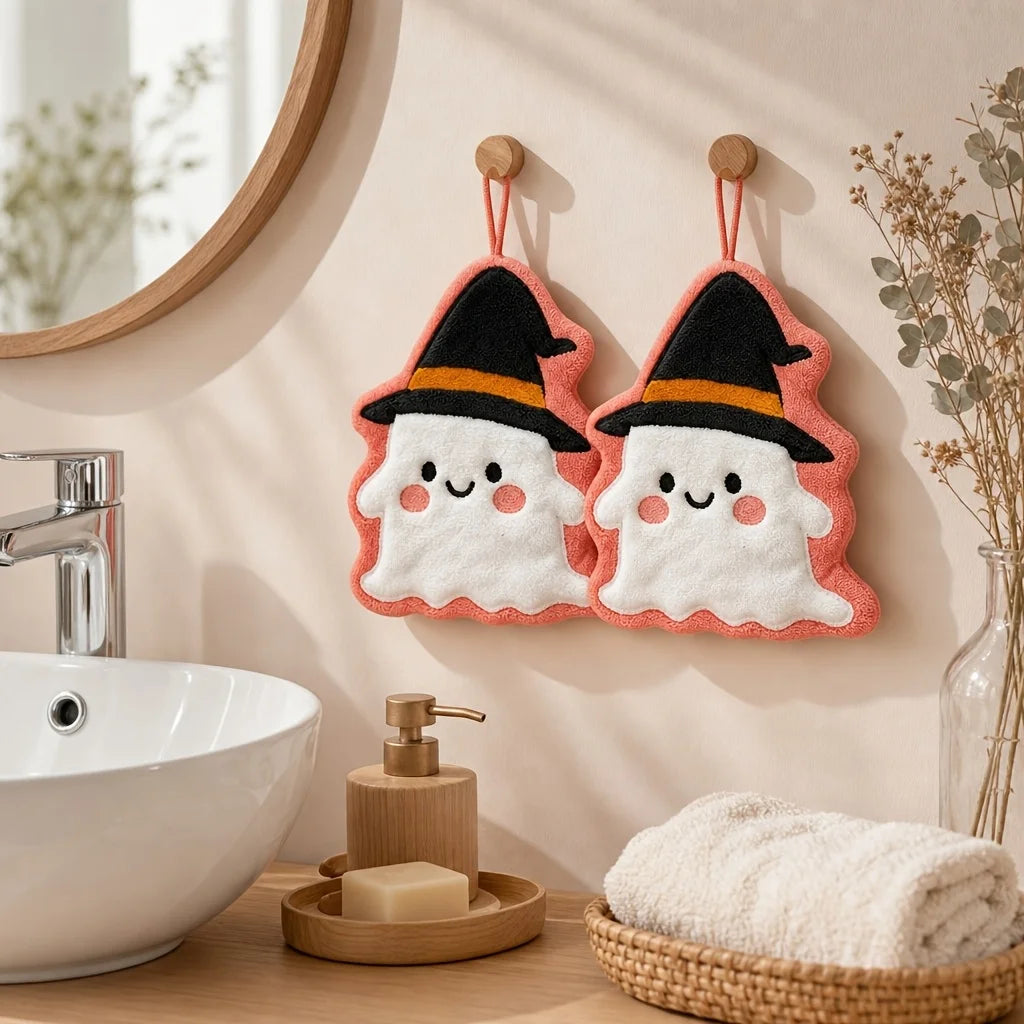 2pcs Halloween decoration handkerchief, witch hat, ghost shaped coral fleece quick drying bathroom towel